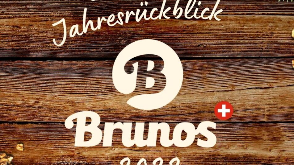 Dunkler Holztisch von oben mit beigem Bruno's Best Logo und dem Schriftzug 2022