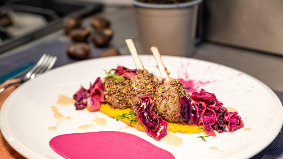 Herbstliche Wildkreation, angerichtet auf einem weissen Teller.