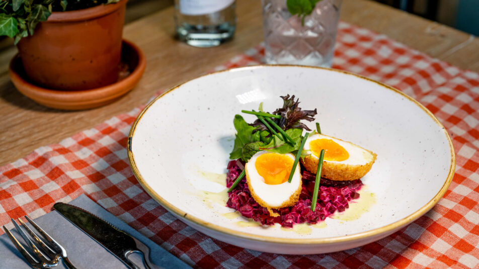 Weisser, tiefer Teller mit Randensalat, darauf ein halbiertes frittiertes Ei, garniert mit frischem Salat.