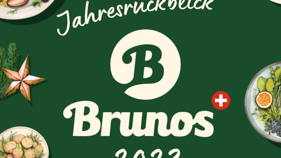 Logo der Bruno's Best AG in Beige auf grünem Hintergrund, umgeben von illustrierten Salattellern