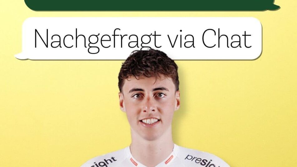 Portrait von Radprofi Jan Christen mit Schriftzug im Hintergrund